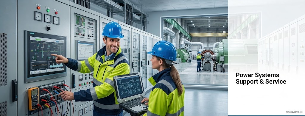 Engineers in a control room reviewing HMI schematics and industrial panels — Power Systems Support & Service